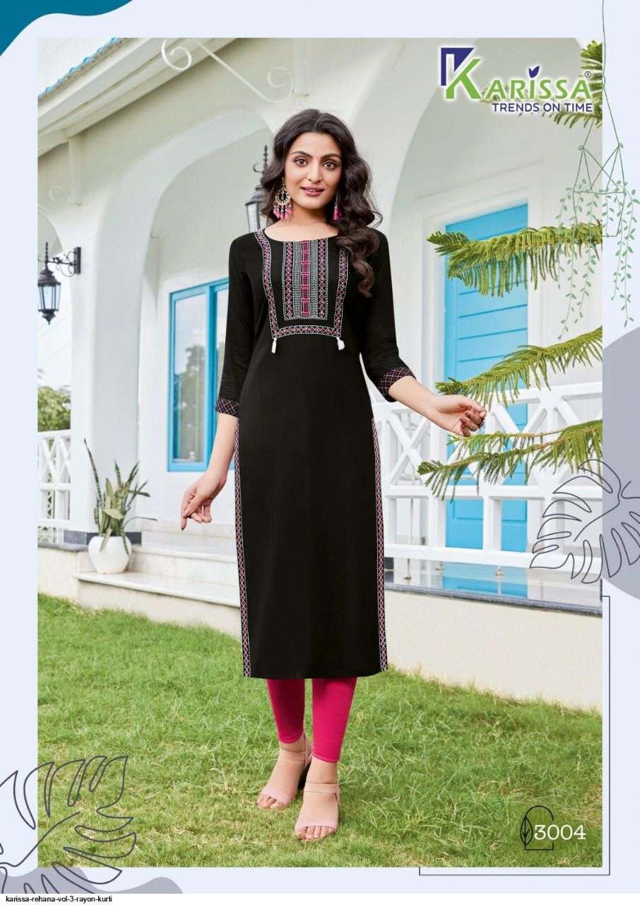 REHANA VOL 3 PREMIUM RAYON LIVA TAGS THREAD WORK AND HANDWORK KURTI WITH POCKET AND OTHER PATTERNS BY KARISSA 3004